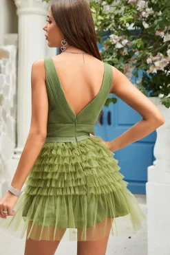 A Line Gola em V Verde Vestido Curto de Cocktail com Folhos