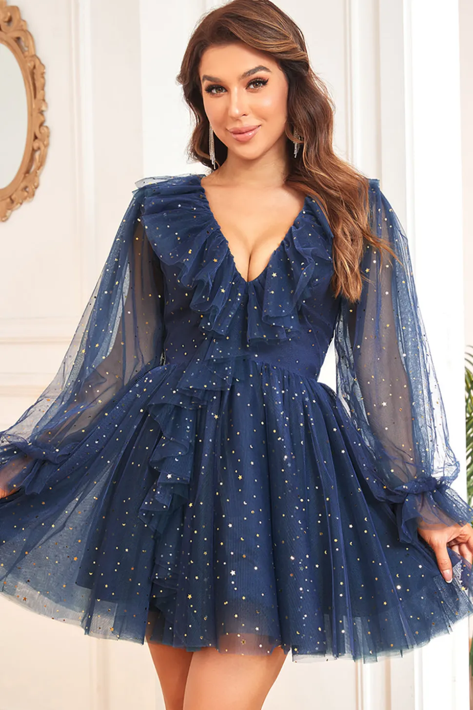 A Line Gola em V Vestido Curto de Cocktail Mangas Compridas