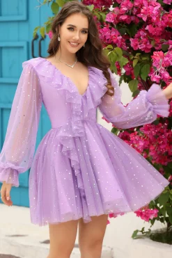 A Line Gola em V Vestido Curto de Cocktail Mangas Compridas