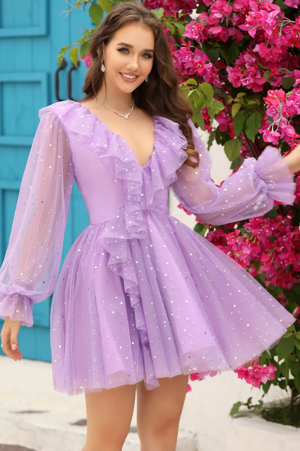 A Line Gola em V Vestido Curto de Cocktail Mangas Compridas