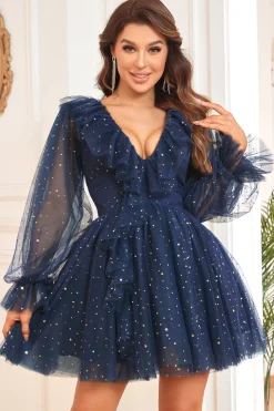 A Line Gola em V Vestido Curto de Cocktail Mangas Compridas