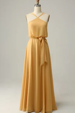 A Line Halter Amarelo Vestido Dama de Honra