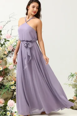 A Line Halter Roxo Vestido Dama de Honra