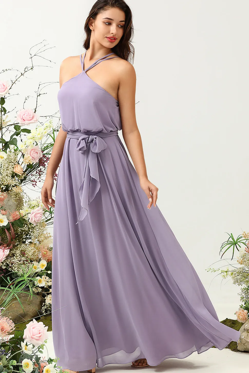A Line Halter Roxo Vestido Dama de Honra