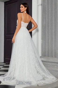 A Line Ivory Espaghetti StrapsAppliqued Long Wedding Dress
