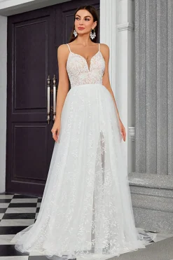 A Line Ivory Espaghetti StrapsAppliqued Long Wedding Dress