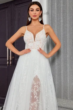 A Line Ivory Espaghetti StrapsAppliqued Long Wedding Dress