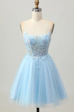 A Line Light Blue Short Appliqued Corset Homecoming Dress