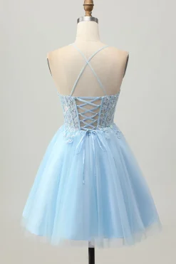 A Line Light Blue Short Appliqued Corset Homecoming Dress