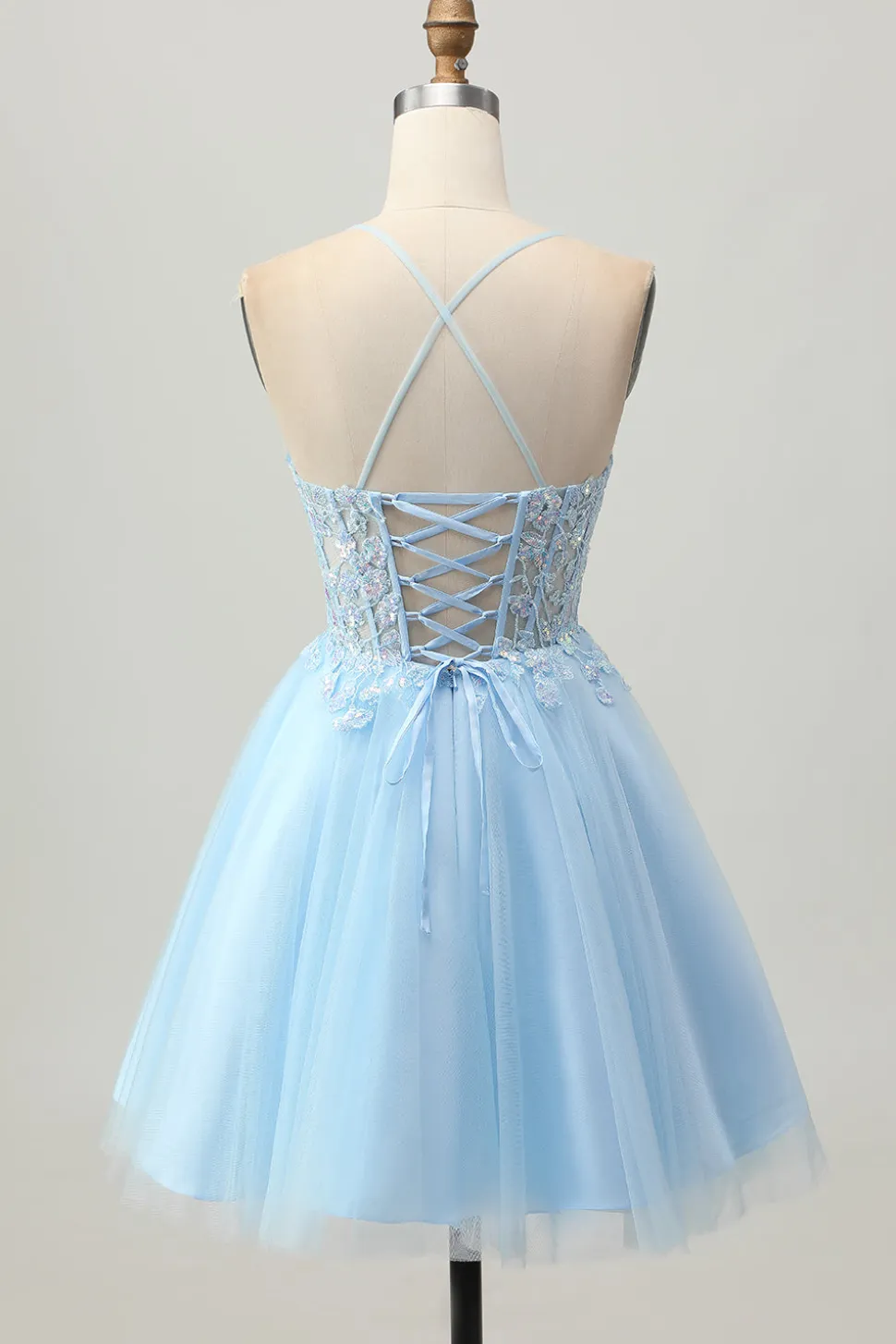 A Line Light Blue Short Appliqued Corset Homecoming Dress