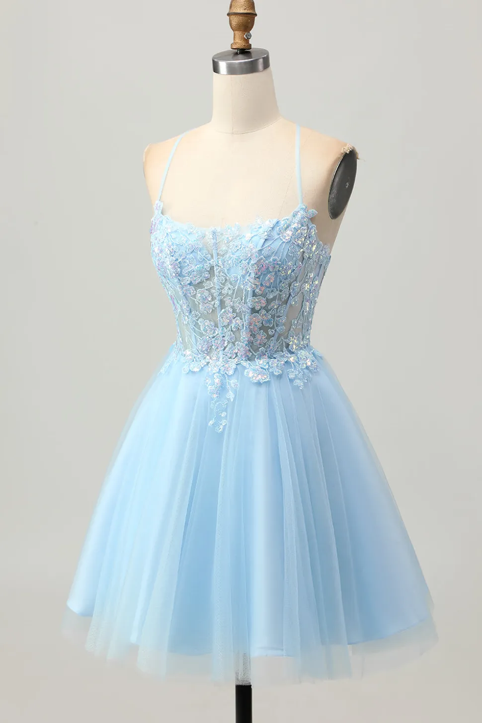 A Line Light Blue Short Appliqued Corset Homecoming Dress