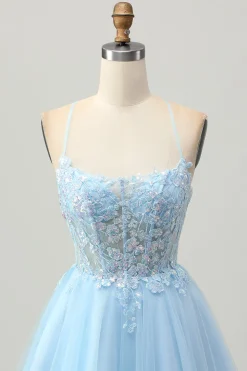 A Line Light Blue Short Appliqued Corset Homecoming Dress