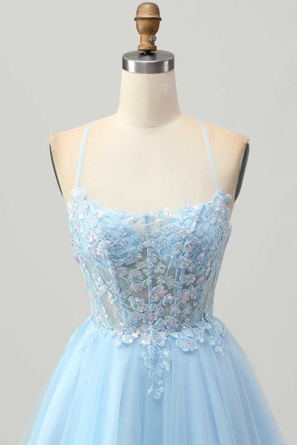 A Line Light Blue Short Appliqued Corset Homecoming Dress