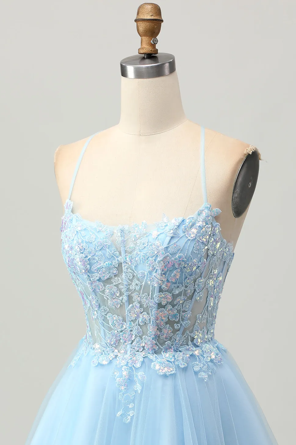 A Line Light Blue Short Appliqued Corset Homecoming Dress