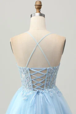 A Line Light Blue Short Appliqued Corset Homecoming Dress
