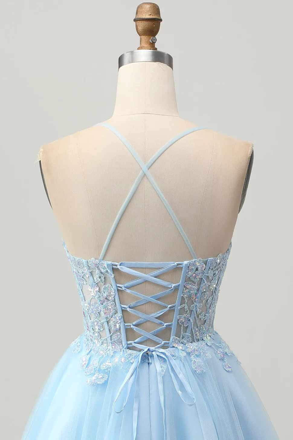 A Line Light Blue Short Appliqued Corset Homecoming Dress