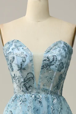 A Line Midi Lantejoulas Azul Céu Vestido de Festa