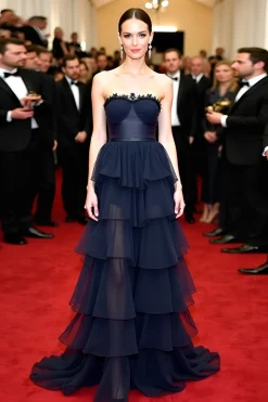 A Line Navy Ruffled Long Gala Dress