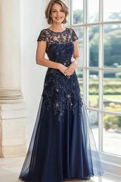 A Line Navy Scoop Neck Cap Mangas Renda Mãe do Vestido da Noiva