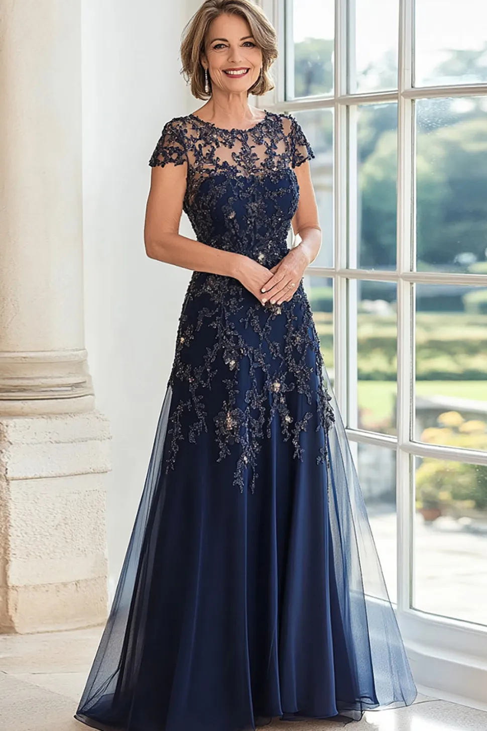 A Line Navy Scoop Neck Cap Mangas Renda Mãe do Vestido da Noiva