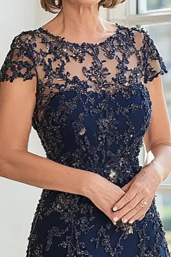 A Line Navy Scoop Neck Cap Mangas Renda Mãe do Vestido da Noiva