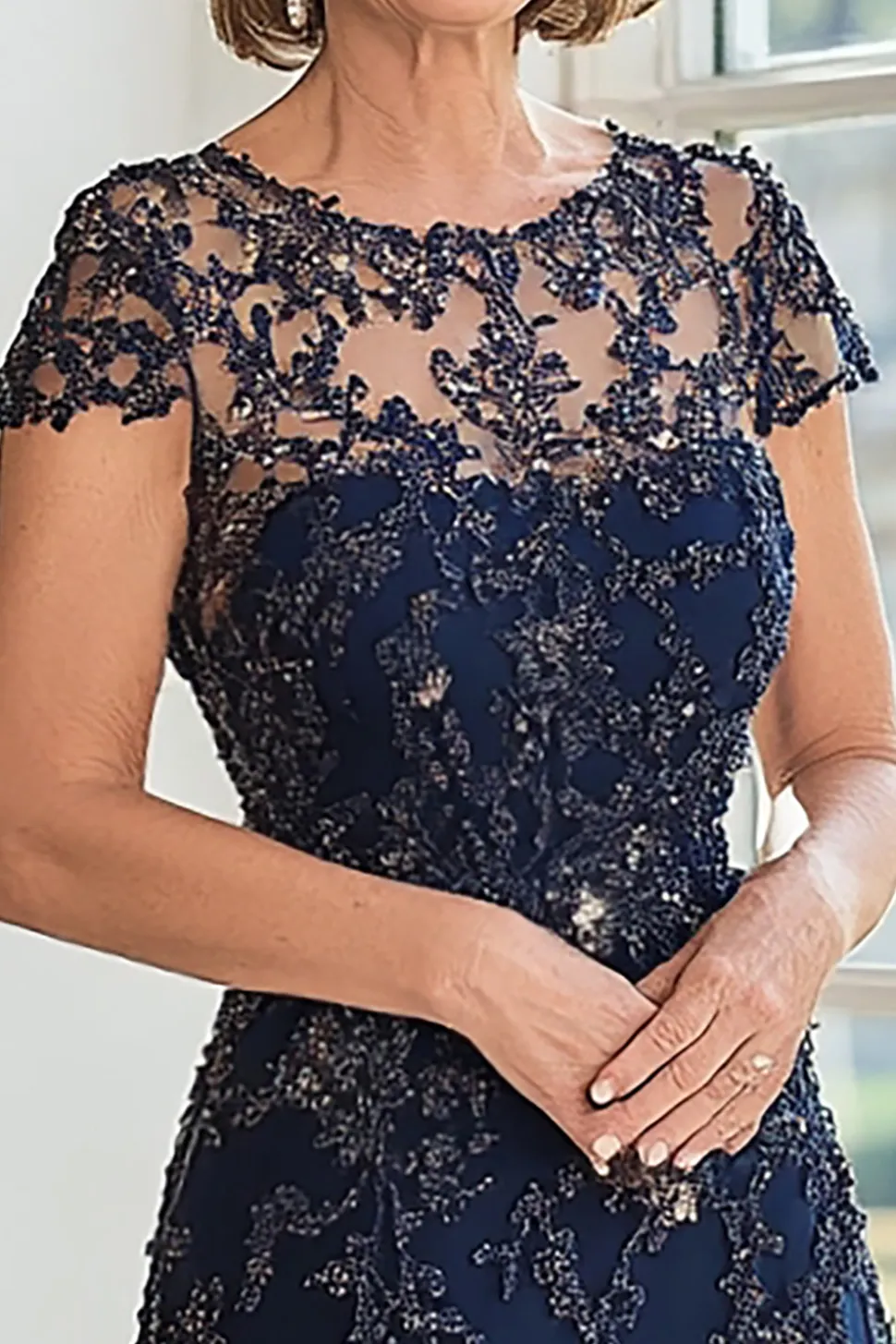 A Line Navy Scoop Neck Cap Mangas Renda Mãe do Vestido da Noiva