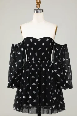 A Line Off the Shoulder Black Stars Vestido Curto de Regresso a Casa