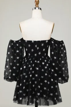 A Line Off the Shoulder Black Stars Vestido Curto de Regresso a Casa