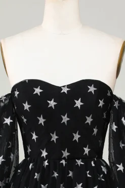 A Line Off the Shoulder Black Stars Vestido Curto de Regresso a Casa