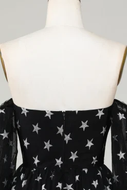A Line Off the Shoulder Black Stars Vestido Curto de Regresso a Casa