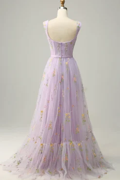 A Line Pescoço Quadrado Roxo Vestido de Festa Com Bordado