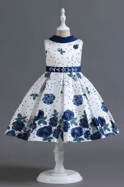 A Line Pescoço Redondo Azul Estampado Vestido de Menina