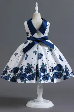 A Line Pescoço Redondo Azul Estampado Vestido de Menina
