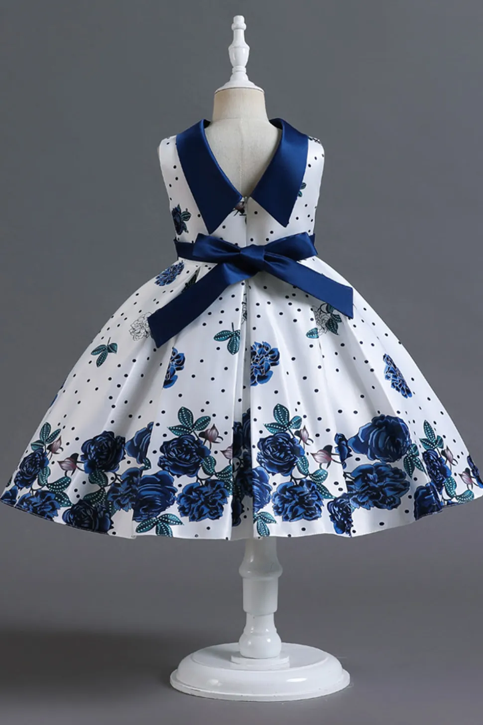 A Line Pescoço Redondo Azul Estampado Vestido de Menina