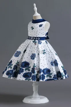 A Line Pescoço Redondo Azul Estampado Vestido de Menina