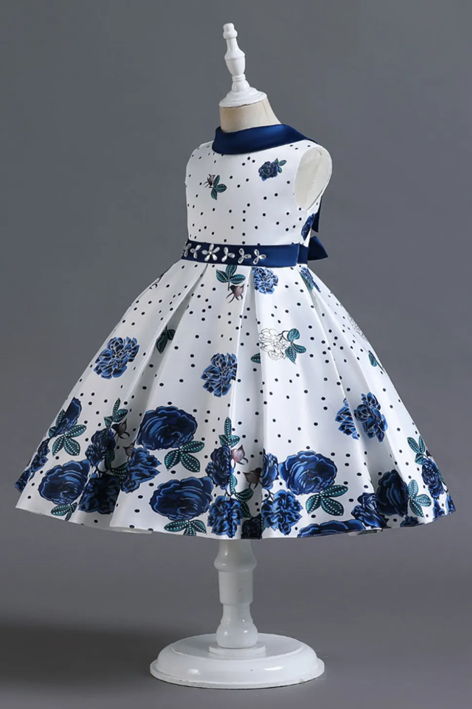 A Line Pescoço Redondo Azul Estampado Vestido de Menina