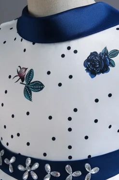 A Line Pescoço Redondo Azul Estampado Vestido de Menina