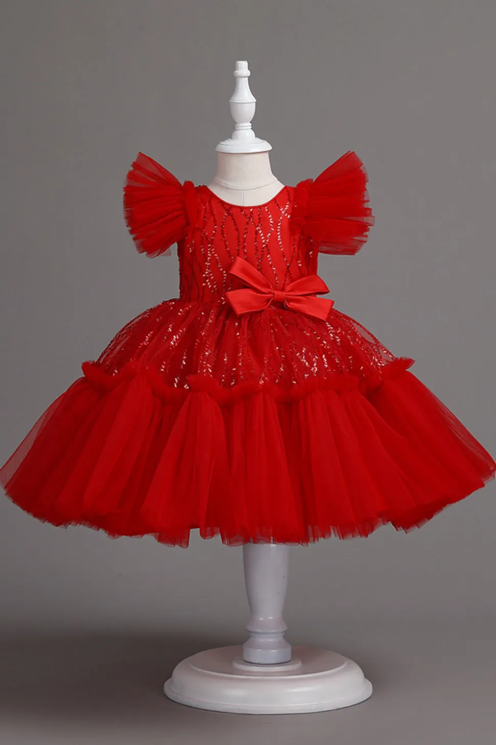 A Line Pescoço Redondo Vestido Vermelho de Menina