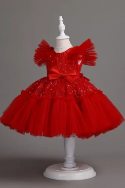A Line Pescoço Redondo Vestido Vermelho de Menina
