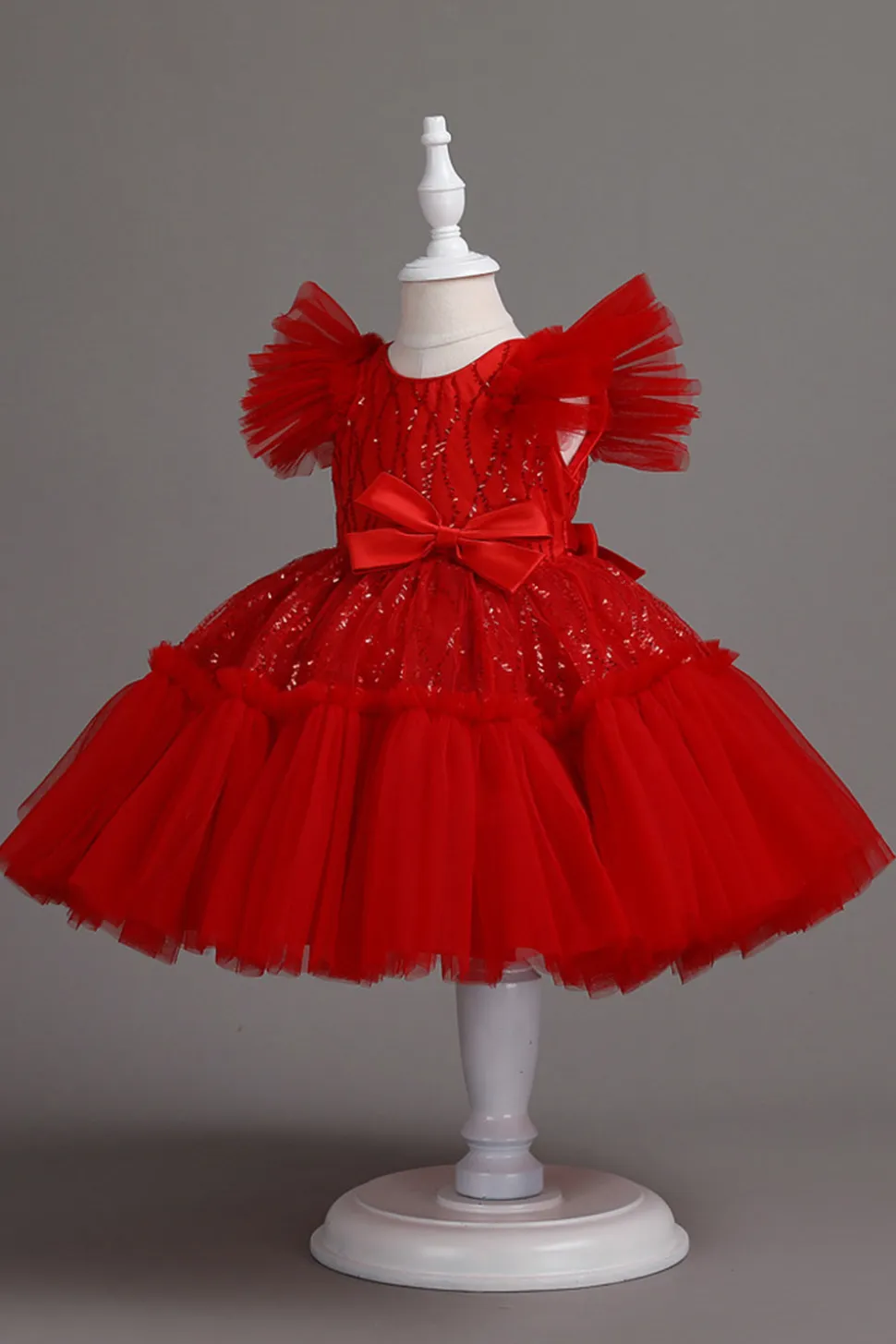 A Line Pescoço Redondo Vestido Vermelho de Menina