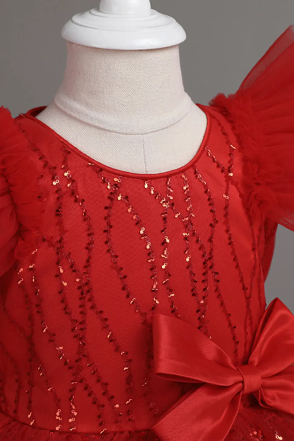 A Line Pescoço Redondo Vestido Vermelho de Menina