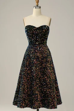 A Line Preto Lantejoulas Midi Vestido de Festa