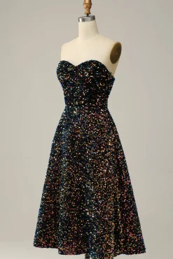 A Line Preto Lantejoulas Midi Vestido de Festa