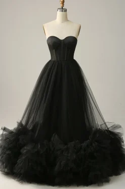 A Line Preto Vestido Cerimónia Tule