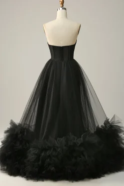 A Line Preto Vestido Cerimónia Tule