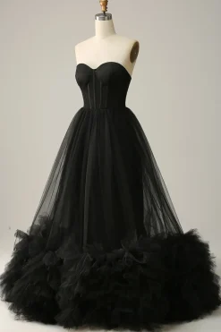 A Line Preto Vestido Cerimónia Tule
