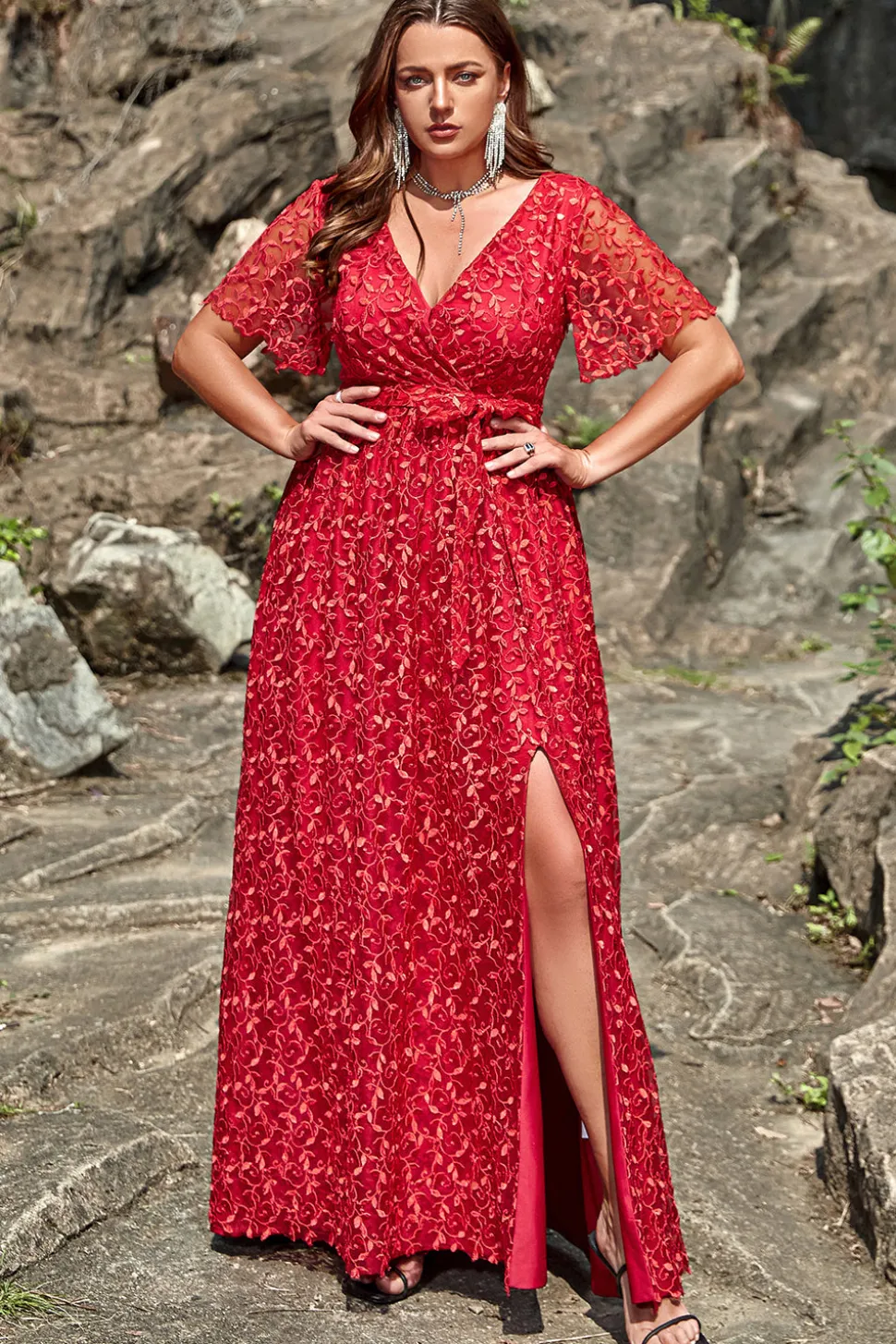 A Line Rojo Renda Vestido de Festa