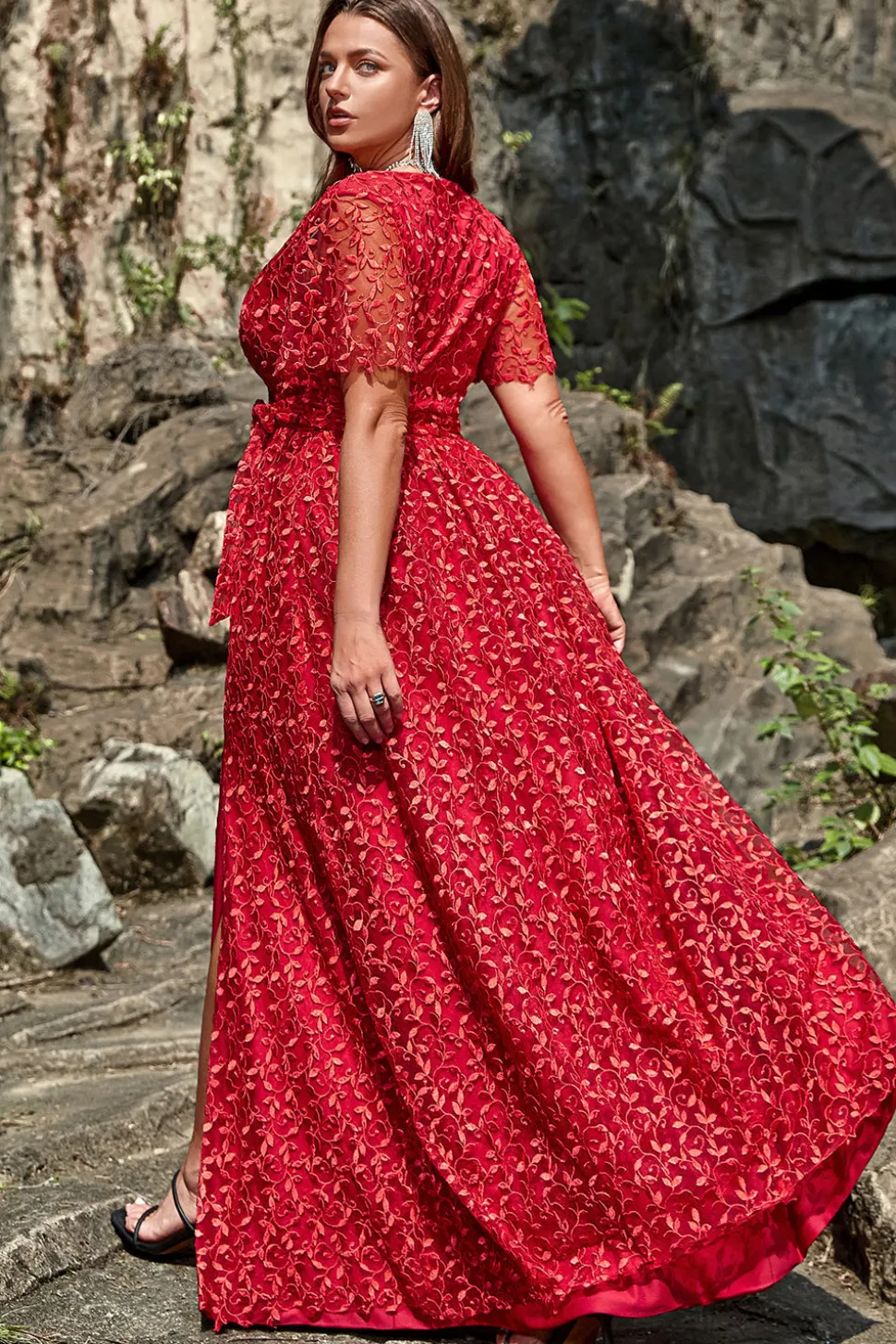 A Line Rojo Renda Vestido de Festa