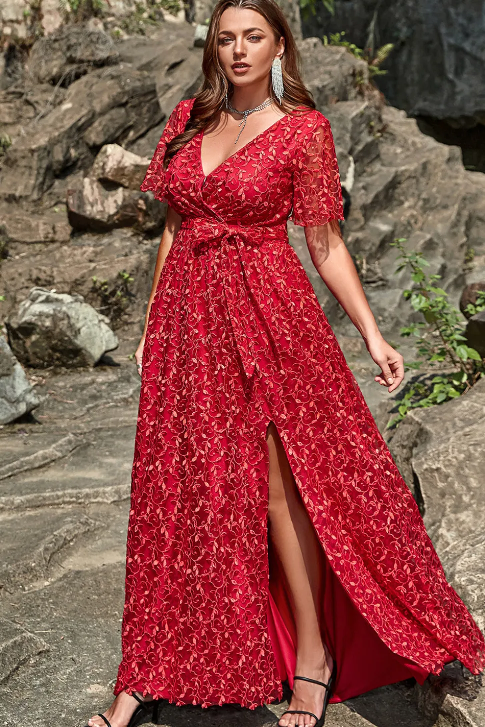 A Line Rojo Renda Vestido de Festa
