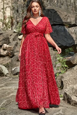A Line Rojo Renda Vestido de Festa